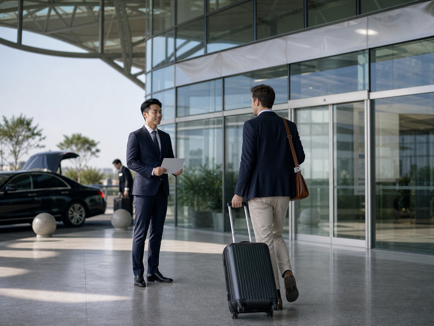A concierge greeting an international traveler in a modern airport arrival setting